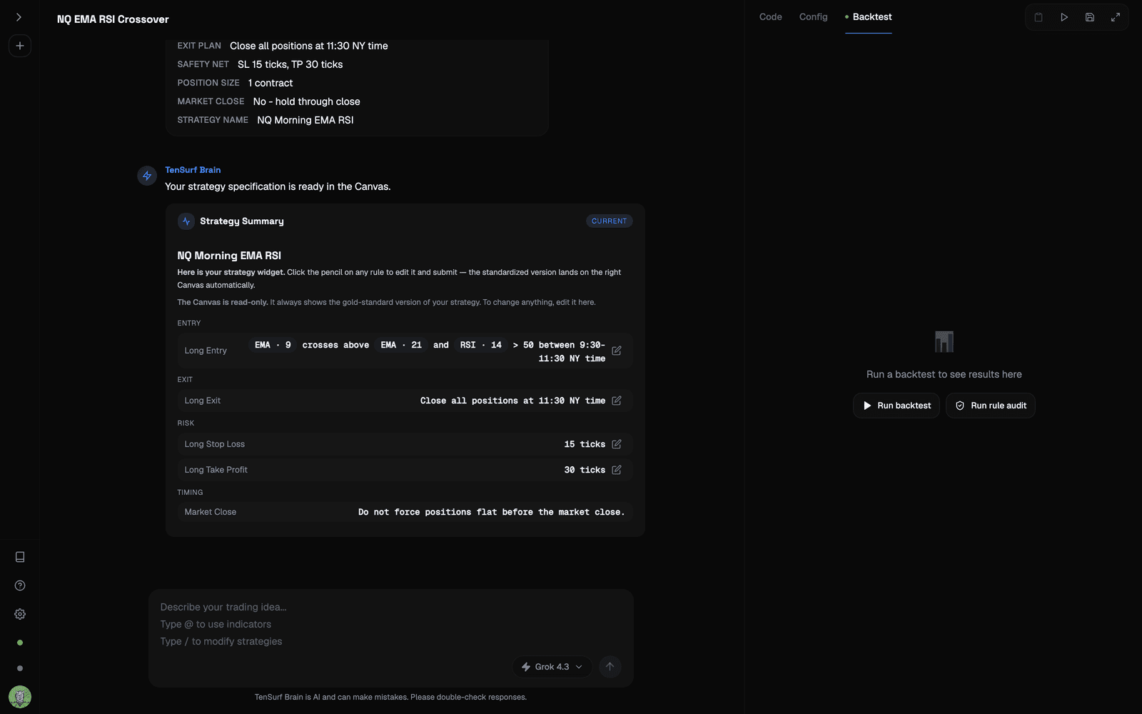 Backtest results for a generated strategy inside TenSurf Brain