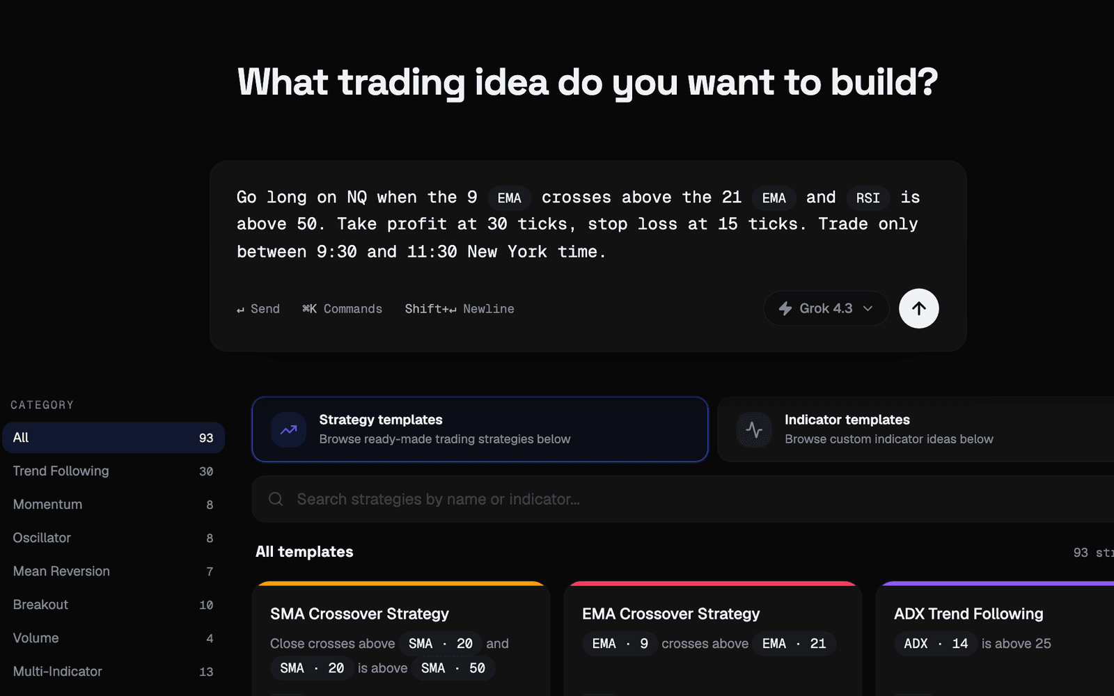 Typing trading rules in plain English into TenSurf Brain, with indicators recognized as chips