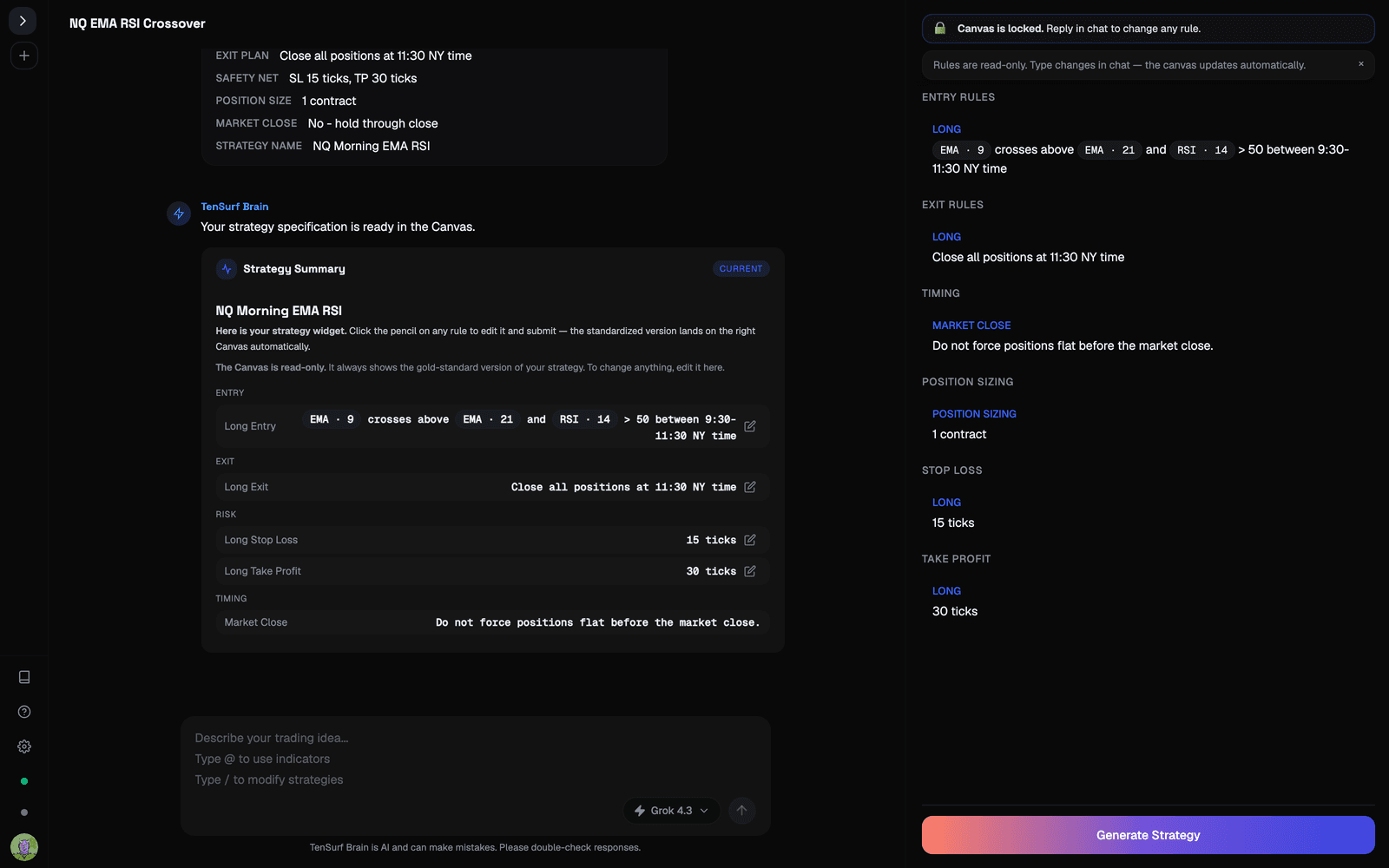 TenSurf Brain workspace with strategy rules in chat and the strategy canvas on the right
